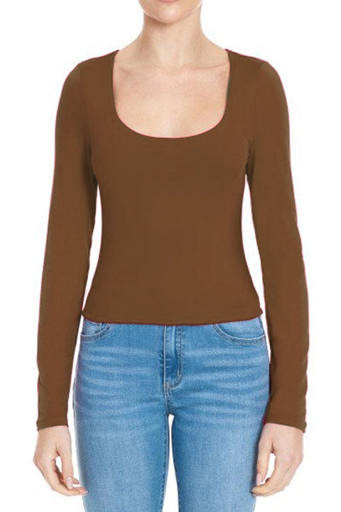 Basic Long Sleeve Scoop Neck Double-Layered Crop Top