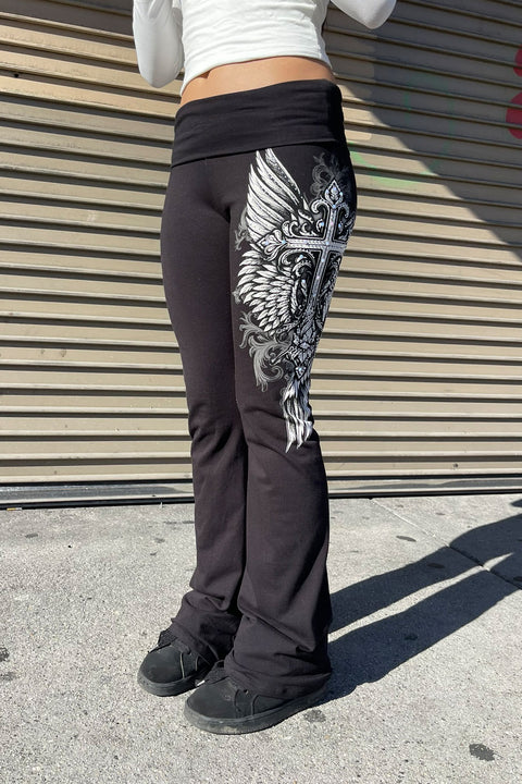 Y2K McBling Gothic Cross & Wing Graphic Rhinestone Print Fold-Over Flare Pants