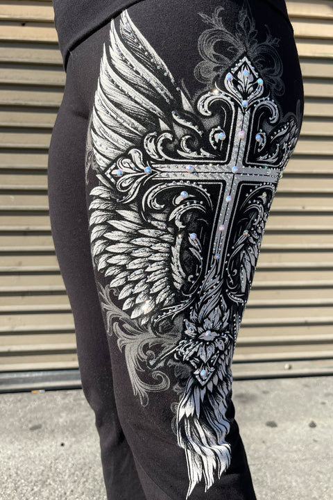 Y2K McBling Gothic Cross & Wing Graphic Rhinestone Print Fold-Over Flare Pants