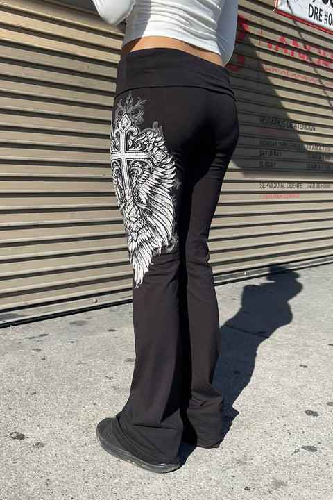 Y2K McBling Gothic Cross & Wing Graphic Rhinestone Print Fold-Over Flare Pants