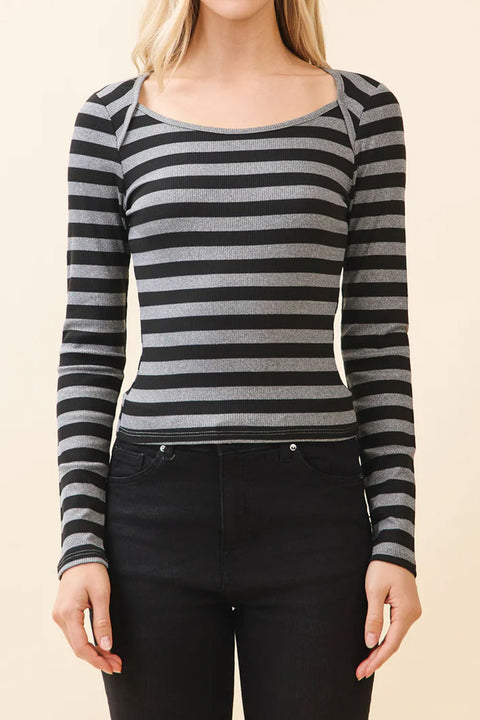 Envelope Neck Striped Long Sleeve Rib Knit Top