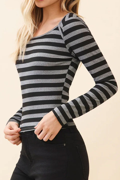 Envelope Neck Striped Long Sleeve Rib Knit Top