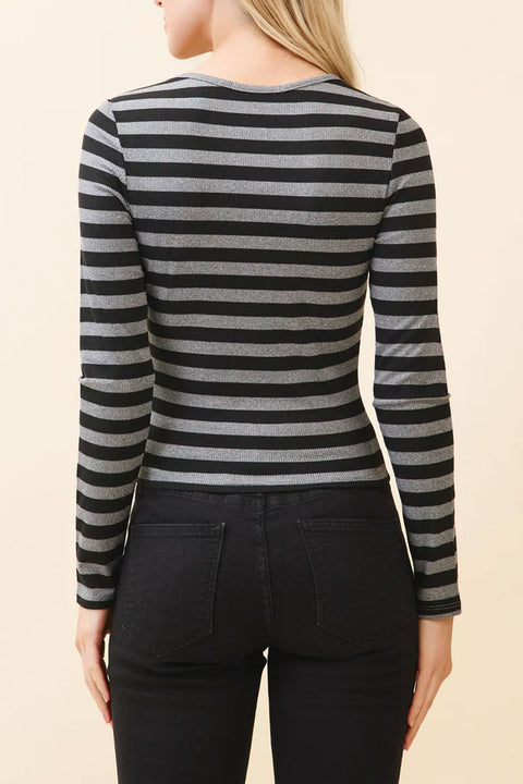 Envelope Neck Striped Long Sleeve Rib Knit Top