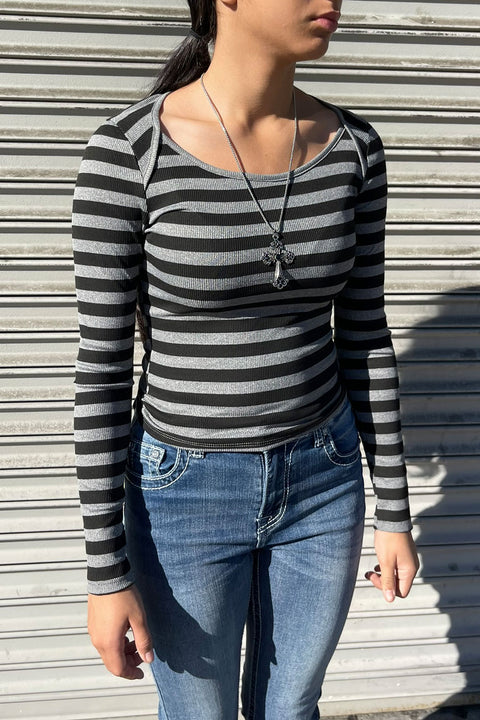 Envelope Neck Striped Long Sleeve Rib Knit Top