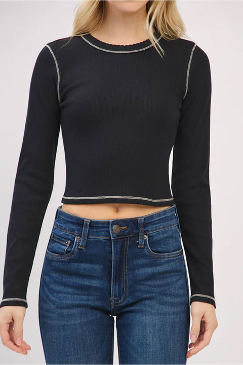 Long Sleeve Crew Neck Contrast Stitch Scalloped Edge Rib Knit Top