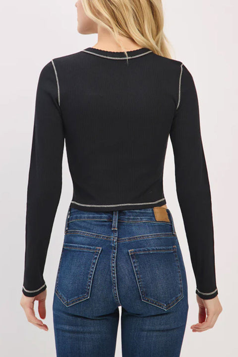 Long Sleeve Crew Neck Contrast Stitch Scalloped Edge Rib Knit Top