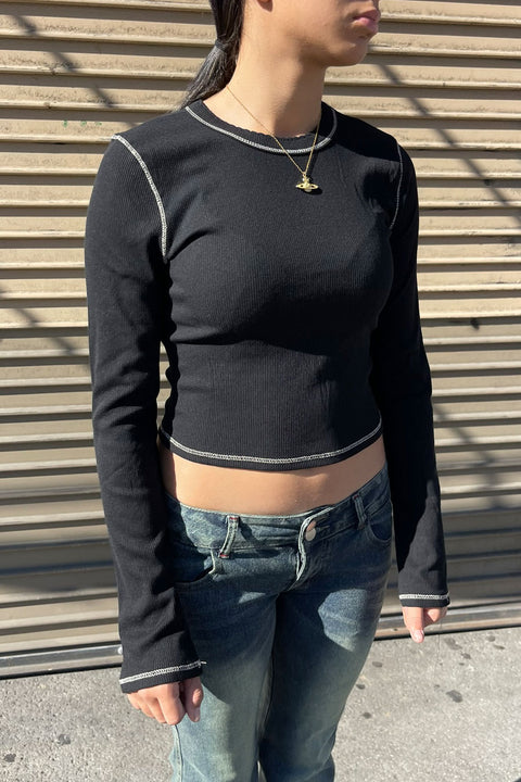 Long Sleeve Crew Neck Contrast Stitch Scalloped Edge Rib Knit Top