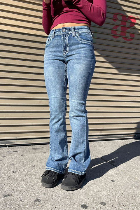 2000s Style Butterfly Patch Rhinestone Bling Back Pocket Bootcut Jean with Good Stretch