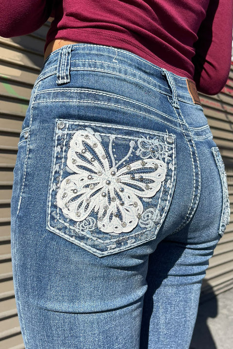 2000s Style Butterfly Patch Rhinestone Bling Back Pocket Bootcut Jean with Good Stretch