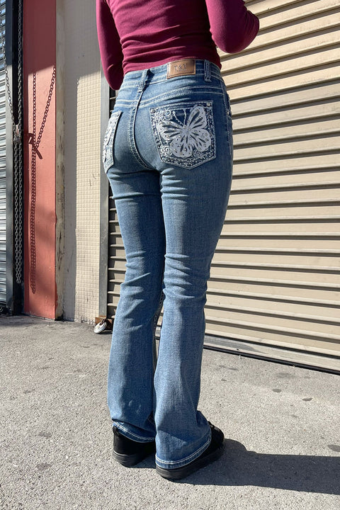 2000s Style Butterfly Patch Rhinestone Bling Back Pocket Bootcut Jean with Good Stretch