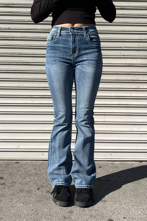 2000s Style Cross Rhinestone & Studded Bling Back Pocket Bootcut Jean with Good Stretch