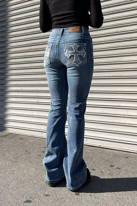 2000s Style Cross Rhinestone & Studded Bling Back Pocket Bootcut Jean with Good Stretch