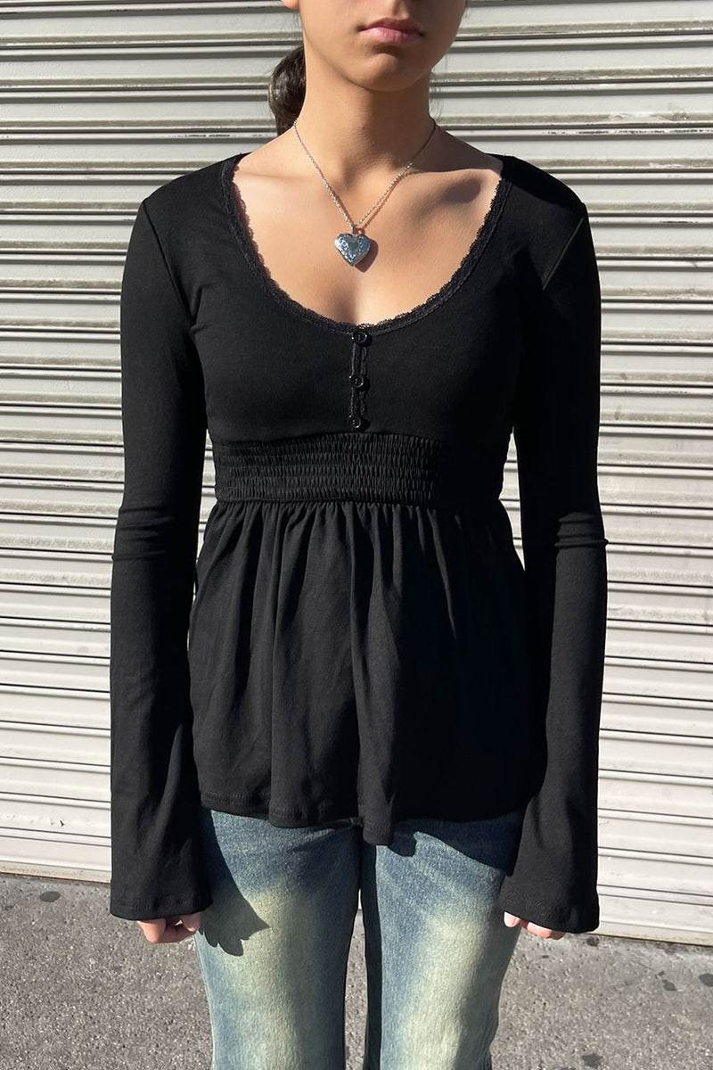 Hyperbees Tops 2000s Vintage Plunging Neck Smocked Babydoll Long Sleeve Top– HyperBees