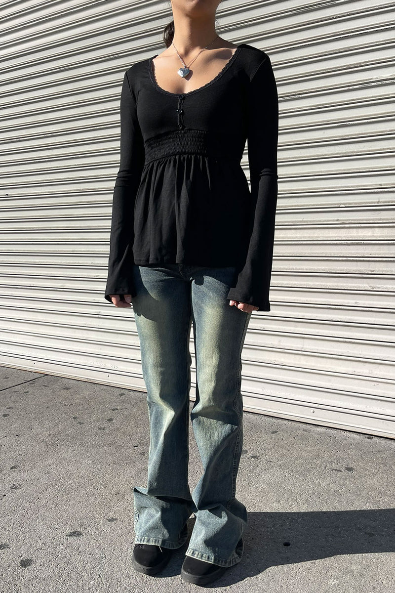 2000s Vintage Plunging Neck Smocked Babydoll Long Sleeve Top– HyperBees