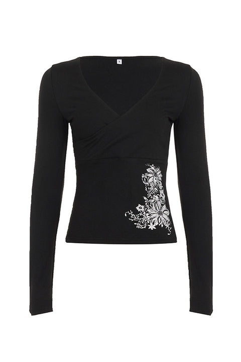 2000s Floral Graphic Print V-Neck Surplice Long Sleeve Top