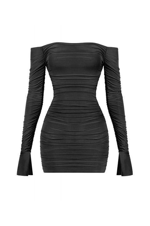 Tresser™ Off Shoulder Long Bell Sleeve Ruched Mini Bodycon Dress