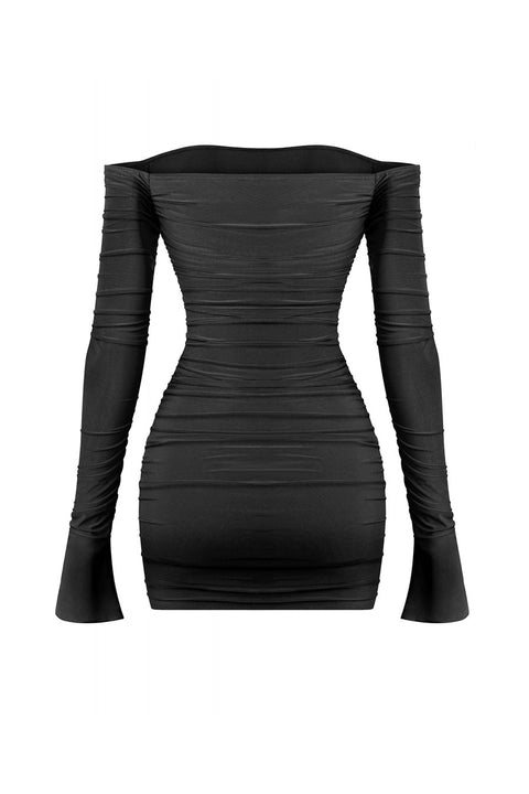 Tresser™ Off Shoulder Long Bell Sleeve Ruched Mini Bodycon Dress