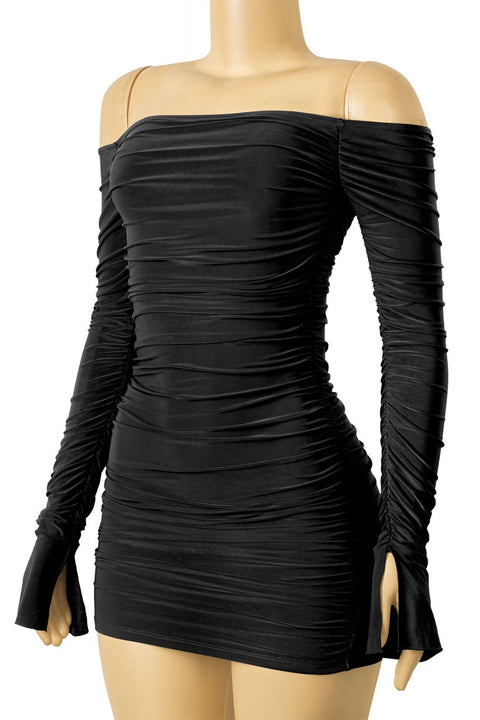 Tresser™ Off Shoulder Long Bell Sleeve Ruched Mini Bodycon Dress