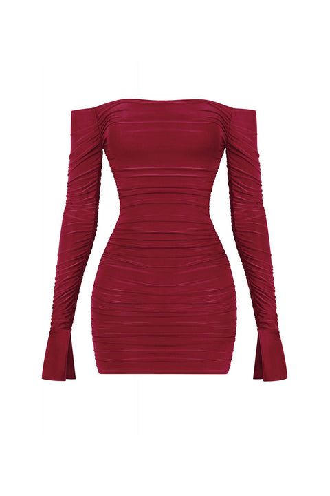 Tresser™ Off Shoulder Long Bell Sleeve Ruched Mini Bodycon Dress
