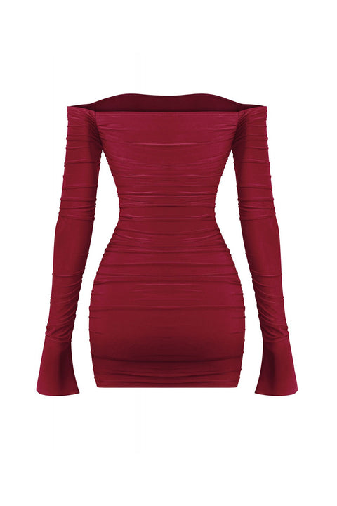 Tresser™ Off Shoulder Long Bell Sleeve Ruched Mini Bodycon Dress
