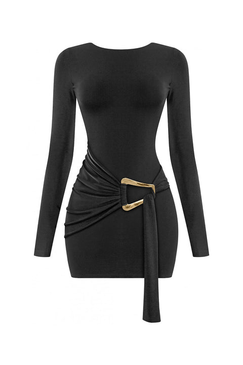 Tresser™ Long Sleeve Drape Gold Buckle Mini Bodycon Dress