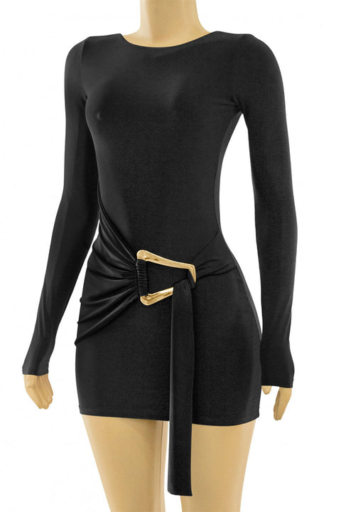 Tresser™ Long Sleeve Drape Gold Buckle Mini Bodycon Dress