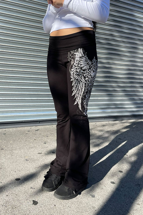 Y2K McBling Pierce Heart Cross & Wing Graphic Rhinestone Print Fold-Over Flare Pants