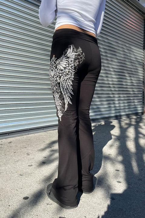 Y2K McBling Pierce Heart Cross & Wing Graphic Rhinestone Print Fold-Over Flare Pants