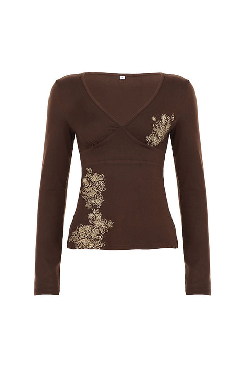 2000s Retro Floral Print Plunging V-Neck Long Sleeve Top