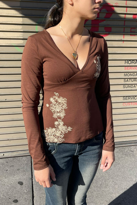 2000s Retro Floral Print Plunging V-Neck Long Sleeve Top