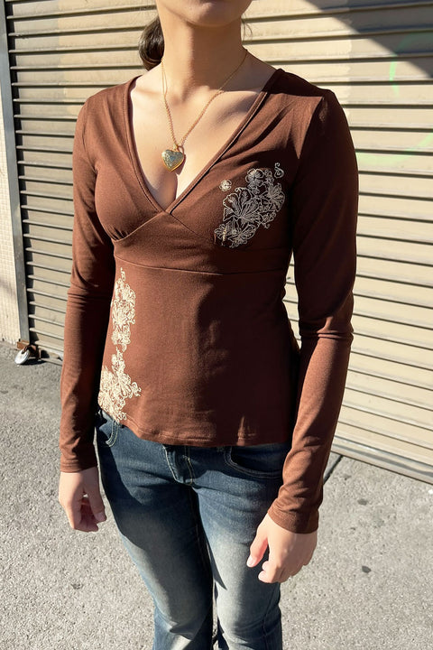 2000s Retro Floral Print Plunging V-Neck Long Sleeve Top