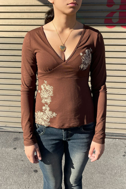 2000s Retro Floral Print Plunging V-Neck Long Sleeve Top