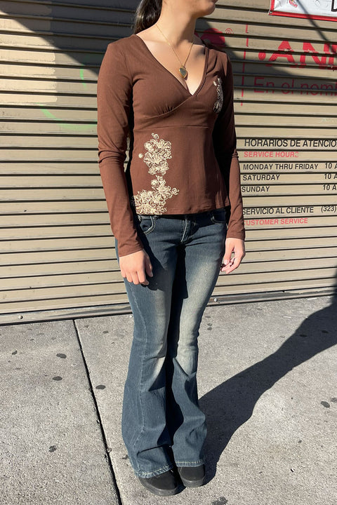 2000s Retro Floral Print Plunging V-Neck Long Sleeve Top