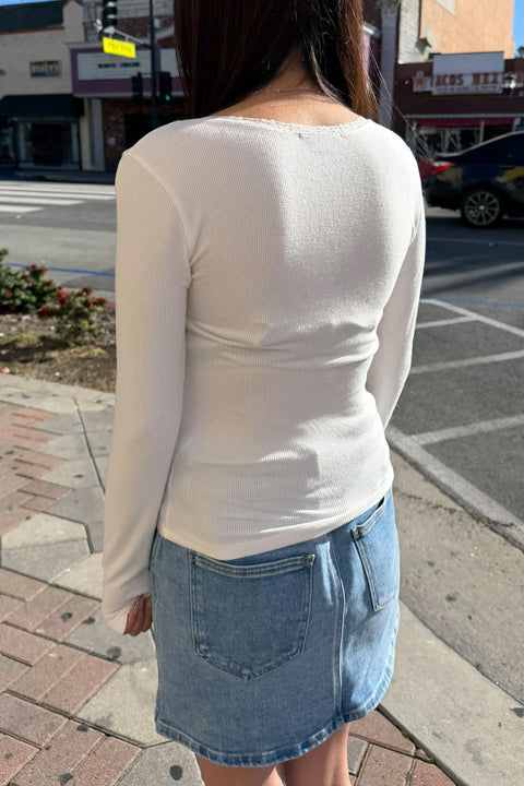 Brushed Rib Knit Scoop Neck Long Sleeve Top With Lace Trim And Bow