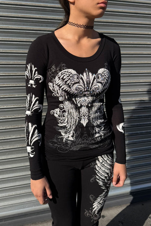 Y2K McBling Fleur De Lis Graphic Rhinestone Print Side Shirred Long Sleeve T-Shirt