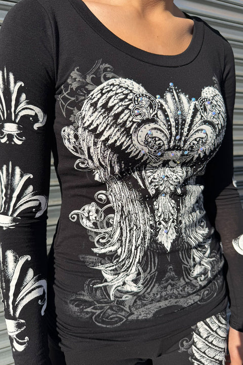Y2K McBling Fleur De Lis Graphic Rhinestone Print Side Shirred Long Sleeve T-Shirt