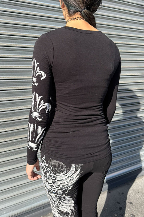 Y2K McBling Fleur De Lis Graphic Rhinestone Print Side Shirred Long Sleeve T-Shirt