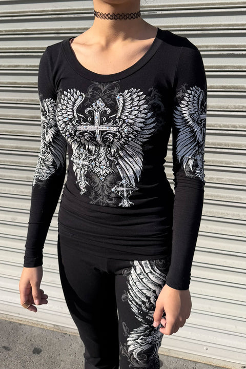 Y2K McBling Gothic Cross & Wing Graphic Rhinestone Print Side Shirred Long Sleeve T-Shirt