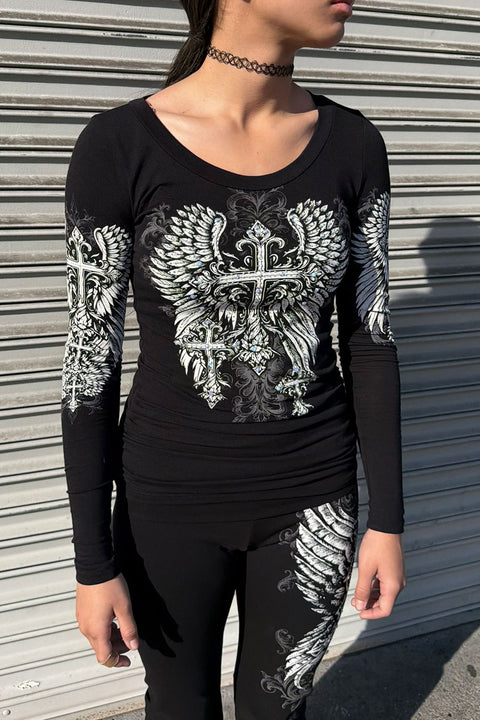Y2K McBling Gothic Cross & Wing Graphic Rhinestone Print Side Shirred Long Sleeve T-Shirt