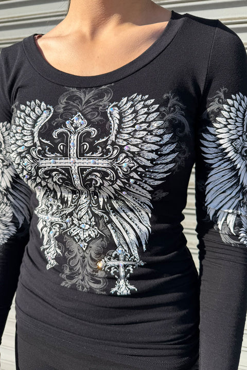 Y2K McBling Gothic Cross & Wing Graphic Rhinestone Print Side Shirred Long Sleeve T-Shirt