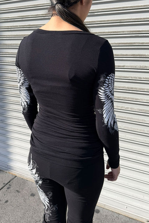 Y2K McBling Gothic Cross & Wing Graphic Rhinestone Print Side Shirred Long Sleeve T-Shirt
