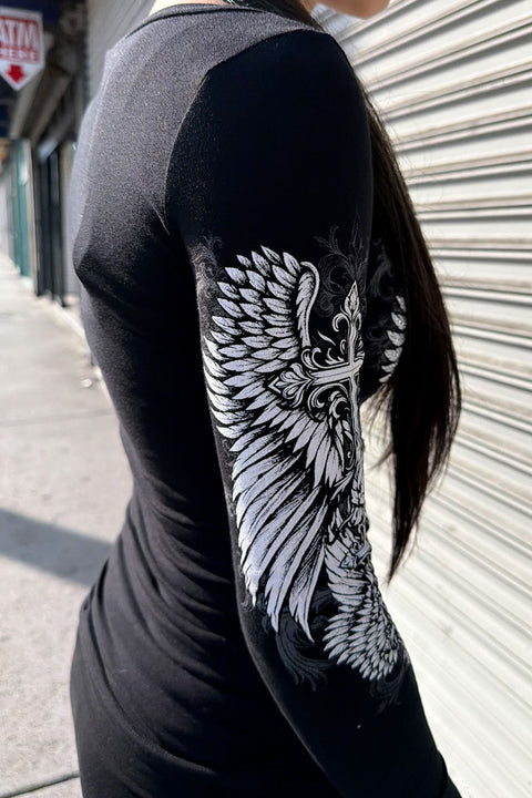 Y2K McBling Gothic Cross & Wing Graphic Rhinestone Print Side Shirred Long Sleeve T-Shirt