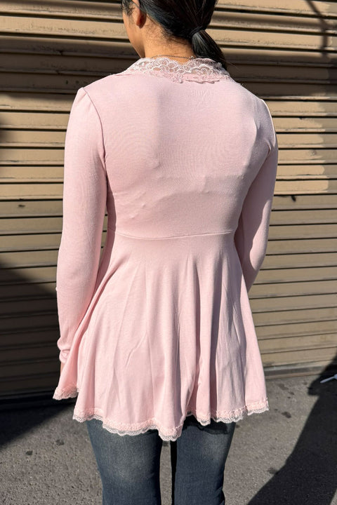 2000s Girly Lace & Bow V-Neck Baby Doll Long Sleeve Top