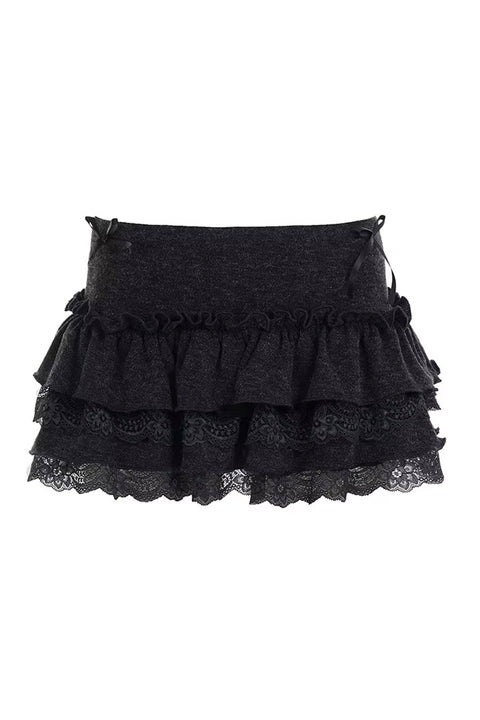 Dark Coquette Lace-Tiered Ruffle Mini Skirt with Side Bow Detail