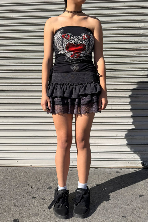 Dark Coquette Lace-Tiered Ruffle Mini Skirt with Side Bow Detail