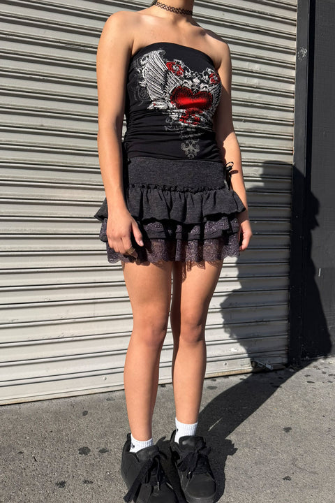 Dark Coquette Lace-Tiered Ruffle Mini Skirt with Side Bow Detail