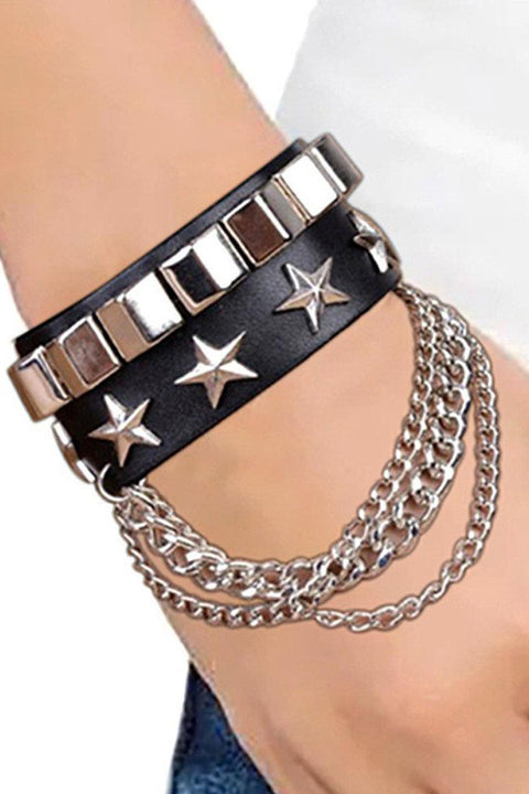 Gothic Studded Starts Chain PU Leather Bracelets with Adjustable Snap Buttons