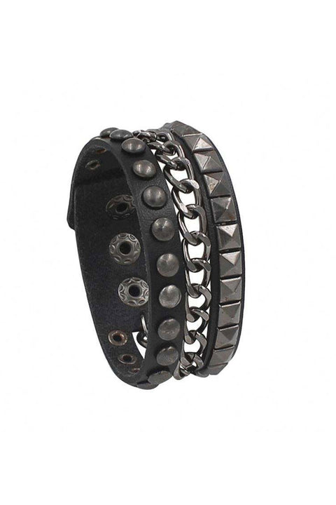 Gothic Gun Metal Studs & Chains PU Leather Bracelets with Adjustable Snap Buttons