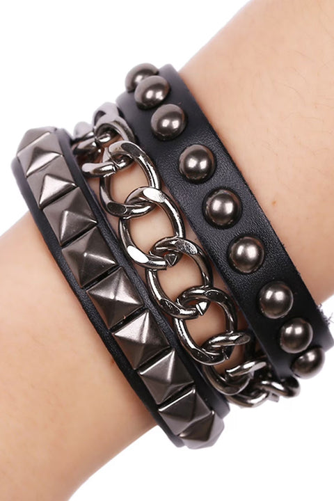 Gothic Gun Metal Studs & Chains PU Leather Bracelets with Adjustable Snap Buttons