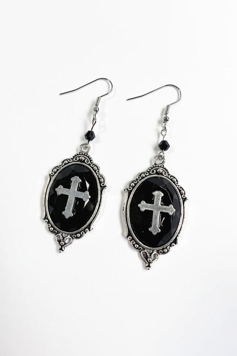 Gothic Cross Charm Faux Onyx Drop Earrings